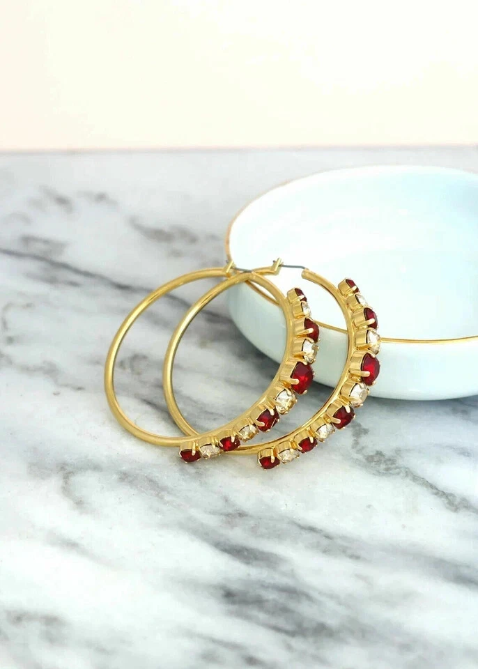 2Ct Round Cut Lab Created Red Ruby Women's Hoop Earrings 14K Yellow Gold Plated - Image 3 of 4