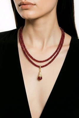 Natural Rubies Jewelry Set Gold-Tone Necklace Earrings Round Stone