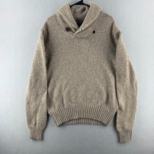 Polo Ralph Lauren Sweater Mens Large Beige 100 Wool Shawl Collar Knit FLAWS