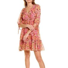 TAYLOR Pink Floral V-Neck Button Ruffle Trim Smocked Mini Dress 6