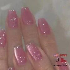 Medium Coffin Fake Nails - Glossy False Nails - Pink Cat Eye