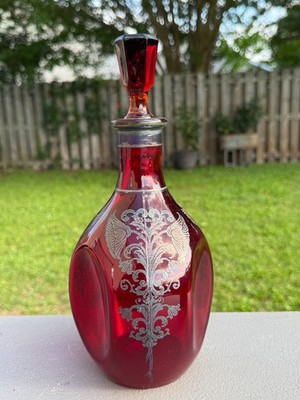 1930s Bohemian 10'' Ruby Red Decanter w/Victorian Floral Sterling Silver Overlay