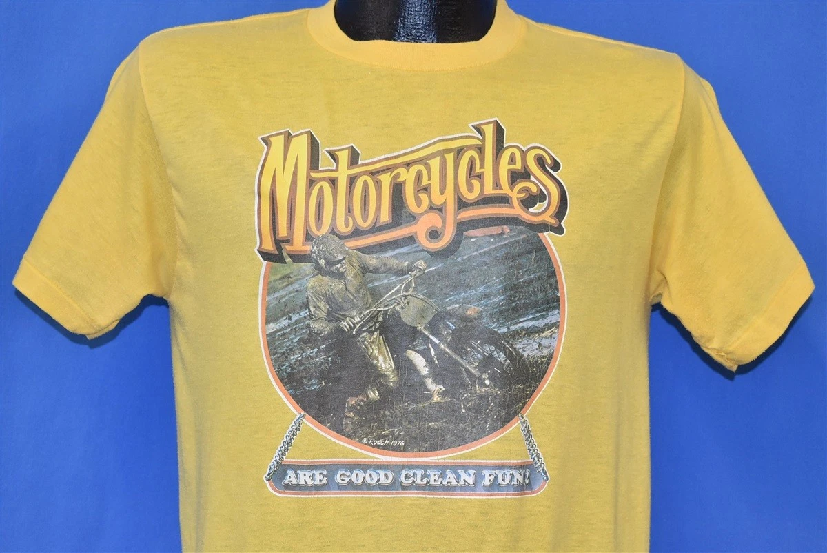 vtg 70s MOTORCYCLES ARE GOOD CLEAN FUN ROACH IRON ON 1976 BIKER YELLOW t-shirt M
