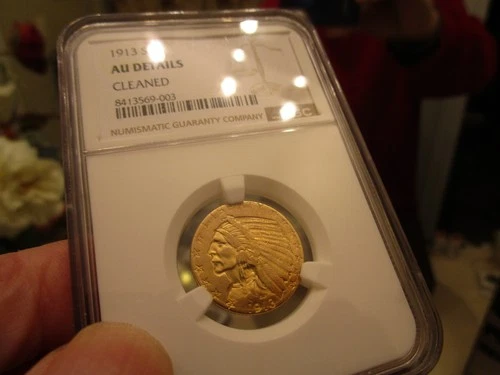 GOLD - SEMI KEY DATED 1913-S INDIAN HEAD HALF EAGLE  NGC AU DET'S 1/4 OZ  OF AU