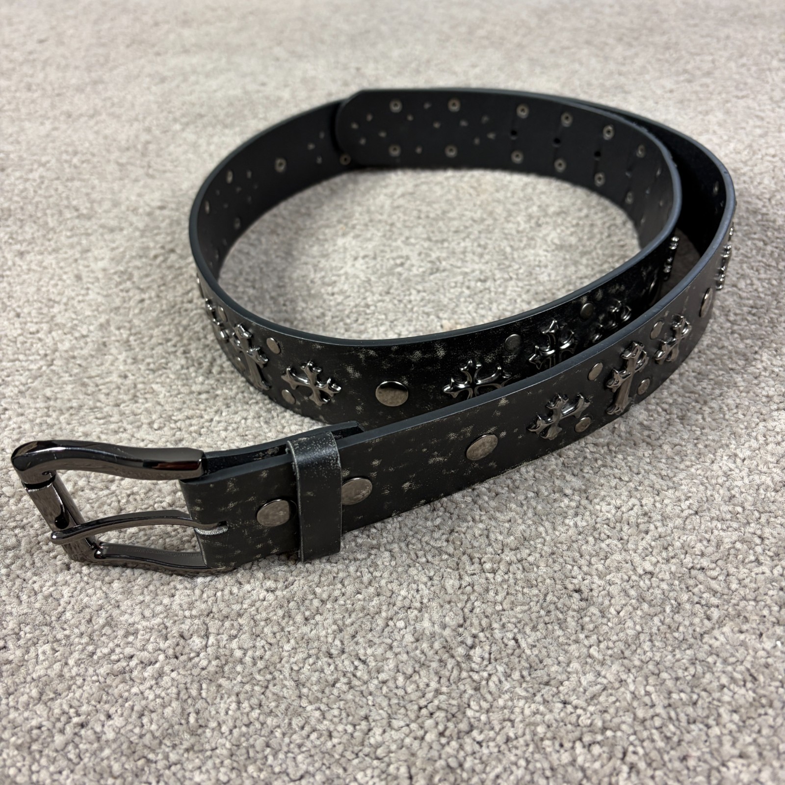 Chrome Hearts Style Leather Belt Crosses Black Silver Buckle Gothic Size 42 thumbnail 2