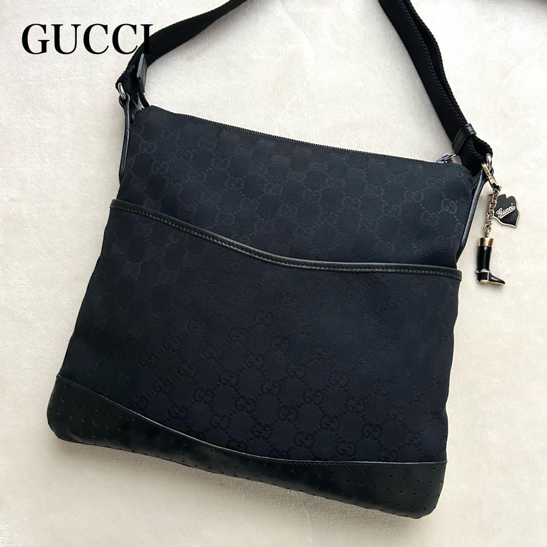 Gucci GG Canvas Shoulder Bag with Black Leather Trim Tote Handbag