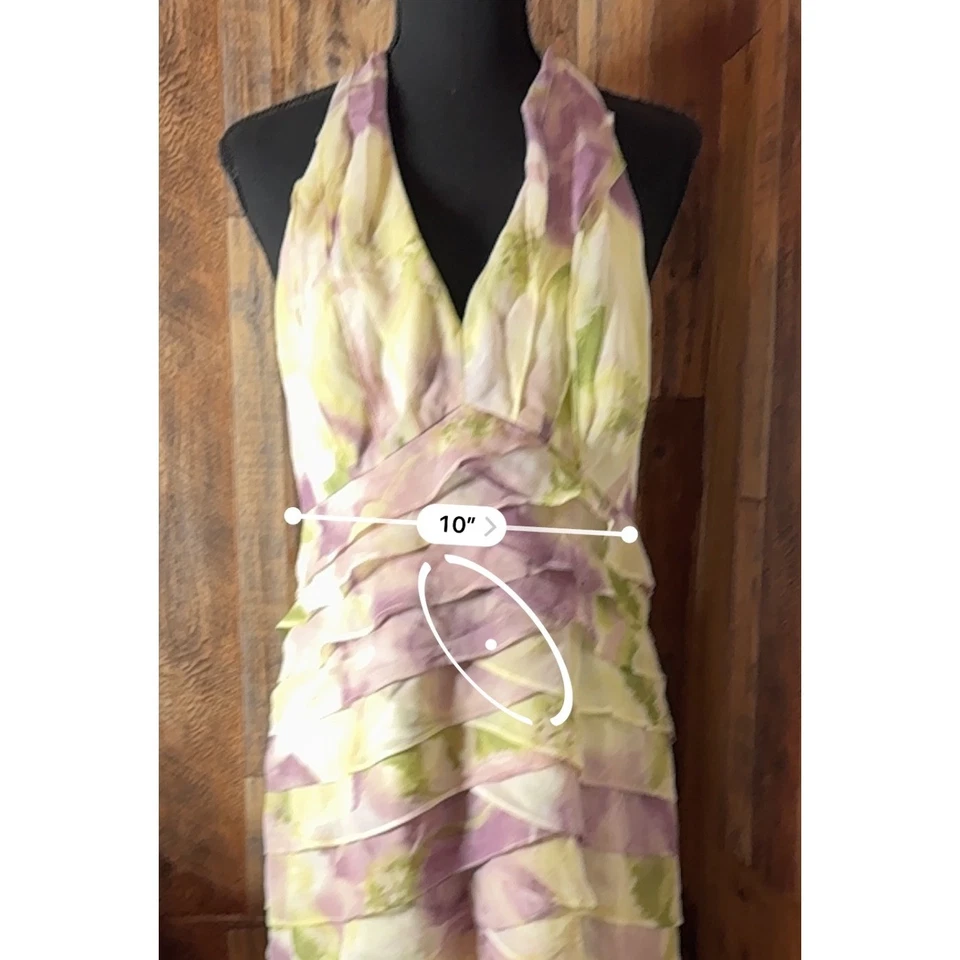 Vestido JS Collections Talla 12 Púrpura Verde Amarillo Floral Halter Sin Mangas en Niveles Foto 3 de 4