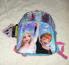 Disney Frozen Elsa Anna 17" Girls Backpack Polyester Blue/Pink Sequin Reflective