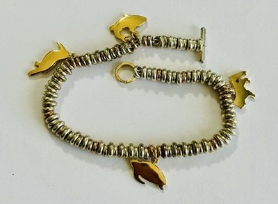 DODO -SILVER RONDELLE BRACELET W/ SOLID 18K GOLD SHARK BIRD TURTLE DOG CHARM
