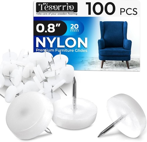 50 Pack Nylon Furniture Glides – 19mm Nail-On Square Pads For Chair, Table, And Cabinet Legs, Floor Protector Nails With Anti-Slip Caps