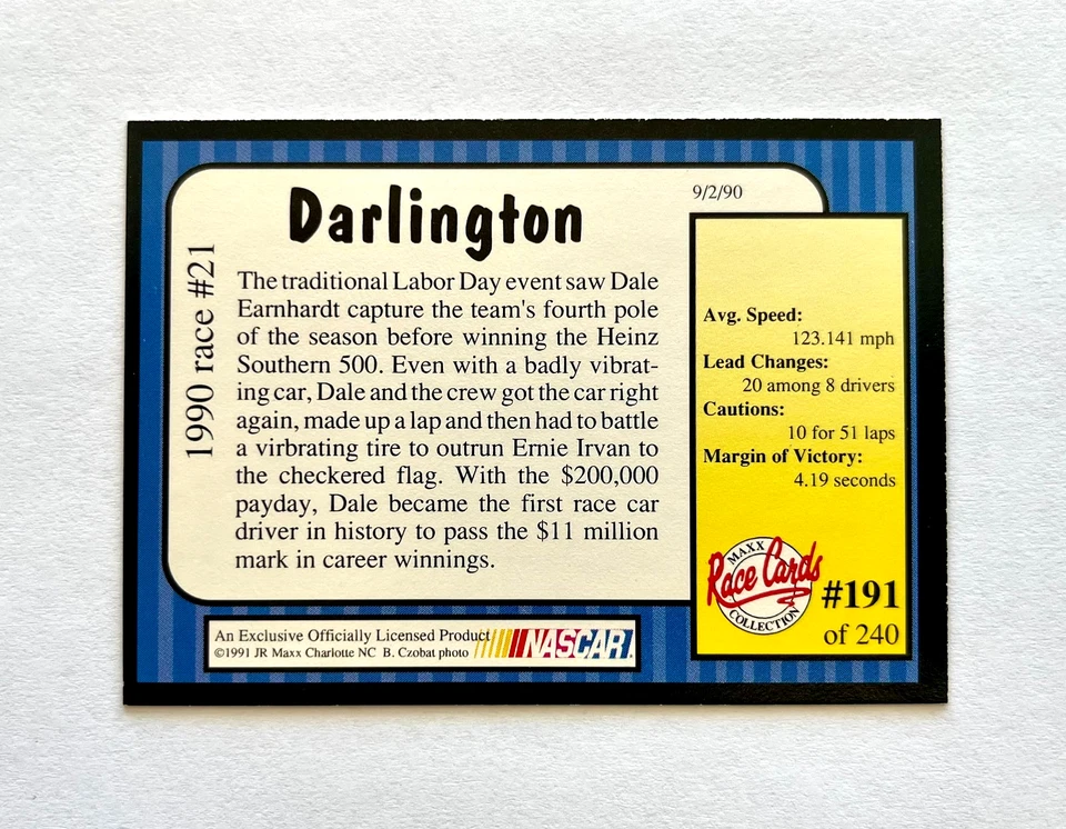 Dale Earnhardt NASCAR 1991 Maxx #191 Darlington Autographed Signed - Image 4 of 4