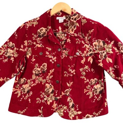 Vintage Romantic Whimsigoth Floral Corduroy Jacket Red Cottagecore Button Up M