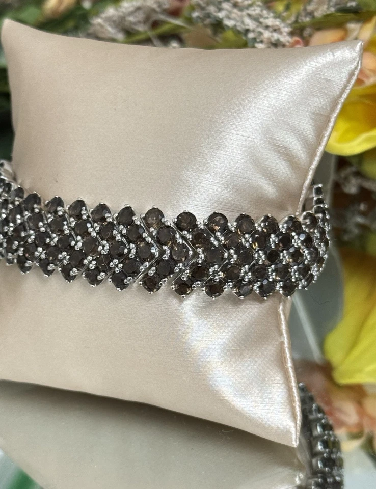 Sterling Silver Ladies Wide Smoky Quartz Tennis Bracelet 8” - Image 2 of 4