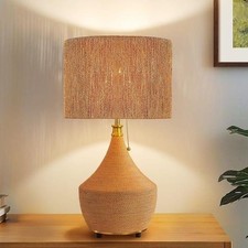 KAISITE 24 in. Boho Brown Rattan Base and Shade Table Lamp w/Metal Pull-Chain
