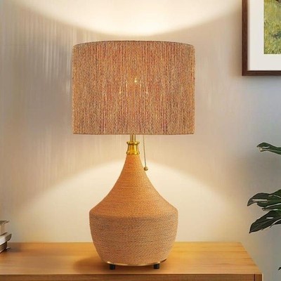 Kaisite 24 Zoll Boho Tischlampe braun Rattan Fuß und Schirm mit Metallzugkette