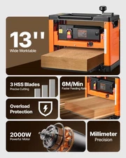 New Thickness Planer, Three-Blade, 13-Inch Width Worktable Power Benchtop Plane