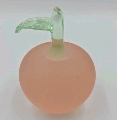 Vintage Art Glass Peach Paperweight Frosted Pink with Glossy Green Stem & Leaf