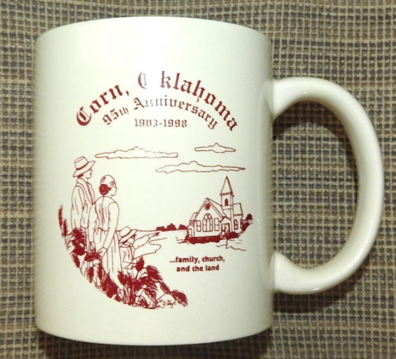 Vintage Corn, Oklahoma 95th Ann. Ceramic Coffee Mug 1998 ..Family, Church, Land