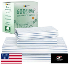 California Design Den Twin Blue Striped 600TC Cotton Sateen Sheet Set Luxury