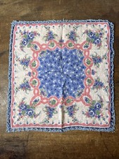 Vtg Women s Handkerchief With Handmade Crochet Border Pink Blue Floral 11