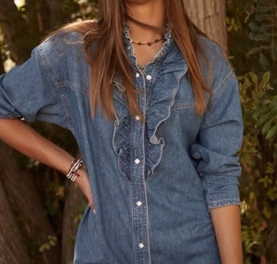 NWT Overlover Catalina Small Denim Ruffle Shirt Dress Pearl Snap Button Front