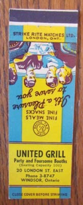 CANADIAN TAX STAMP MATCHBOOK MATCHCOVER: UNITED GRILL WINDSOR, ONTARIO 1940s -D