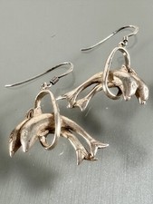 925 Sterling Silver Twin Dolphins Jumping Hook Dangle Earrings