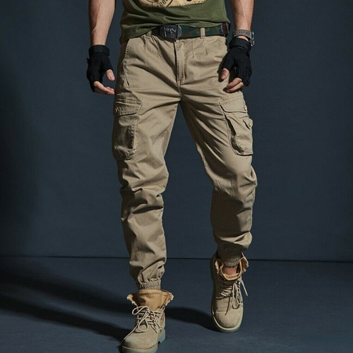 Uomo Cargo Pantaloni Militari Multi-Tasca Affusolato Kaki Slim da Jogging |  eBay