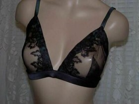 La Perla Smoking 38B L Triangle Bra Thong Set Black Emerald Sheer