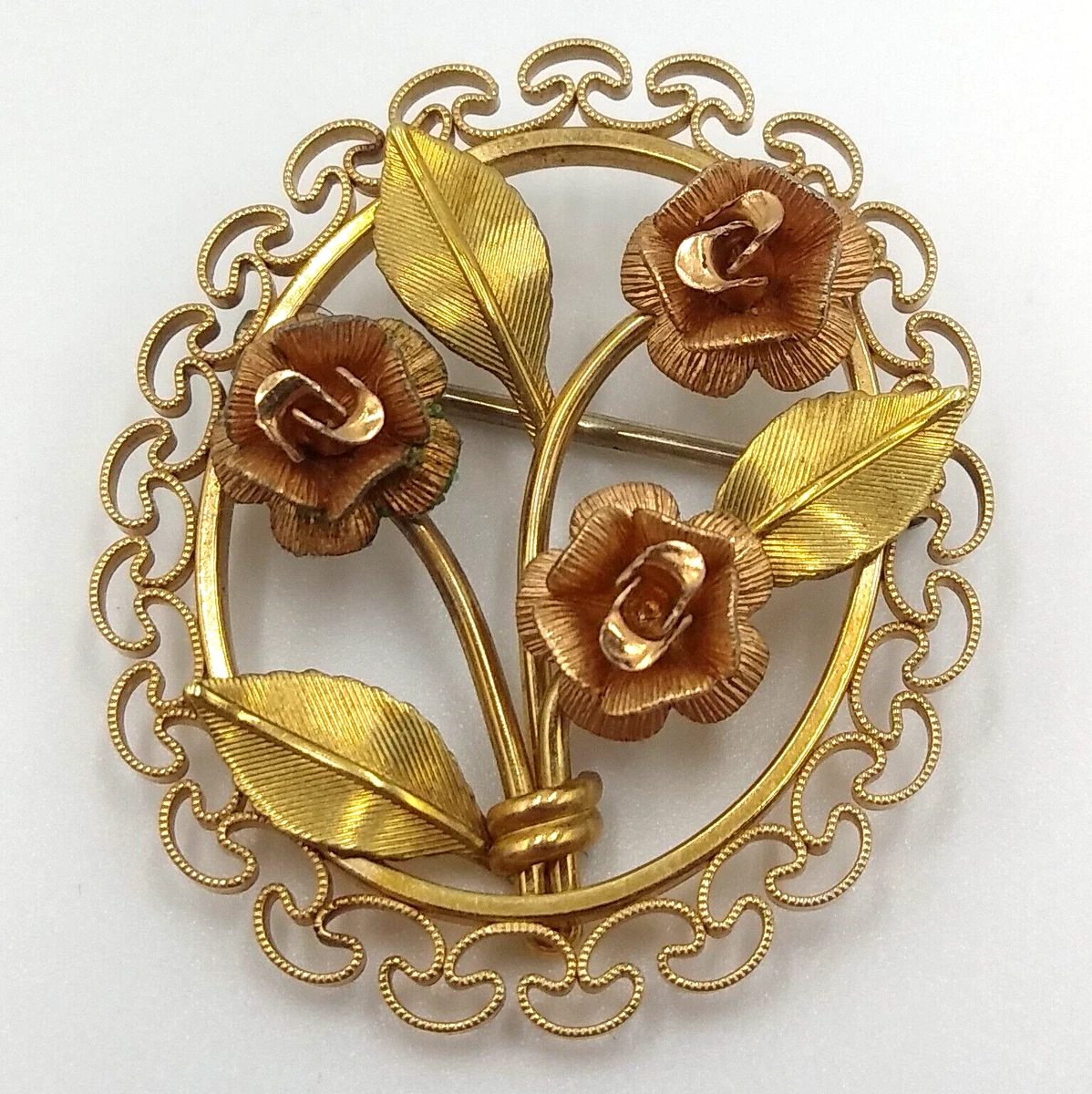 Vintage Krementz Rose Flower Filigree Border Gold Filled Brooch Pin