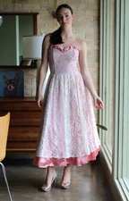 Vtg Gunne Sax Jessica McClintock Strapless Dress Pink Lace Victorian XS/S Women