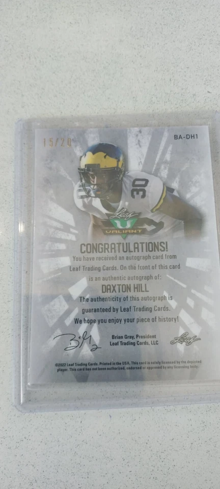 2022 Leaf Valiant - Rookie Auto - Autograph - Daxton Hill 15/20 - Image 2 of 2