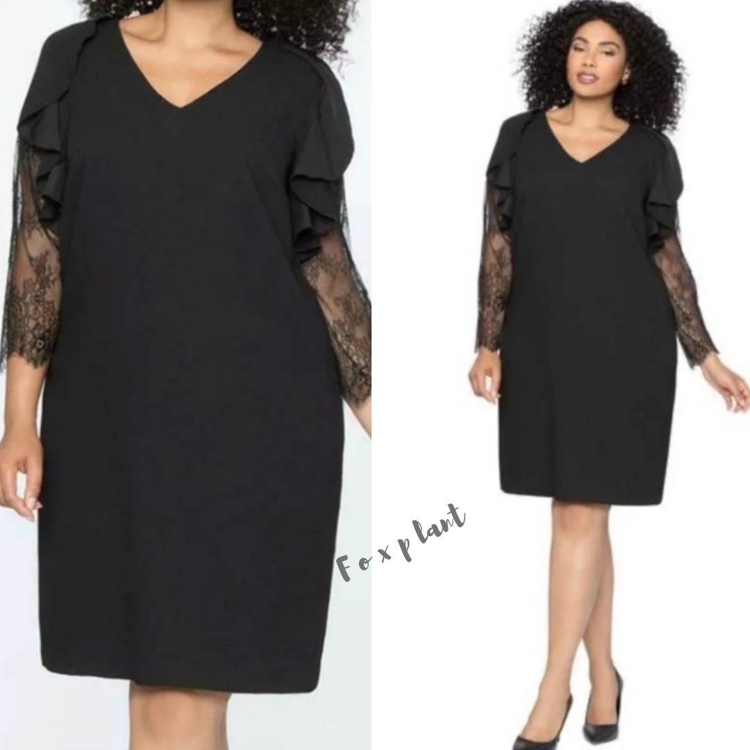 NEW Eloquii black lace long sleeves ruffle dress, size 20
