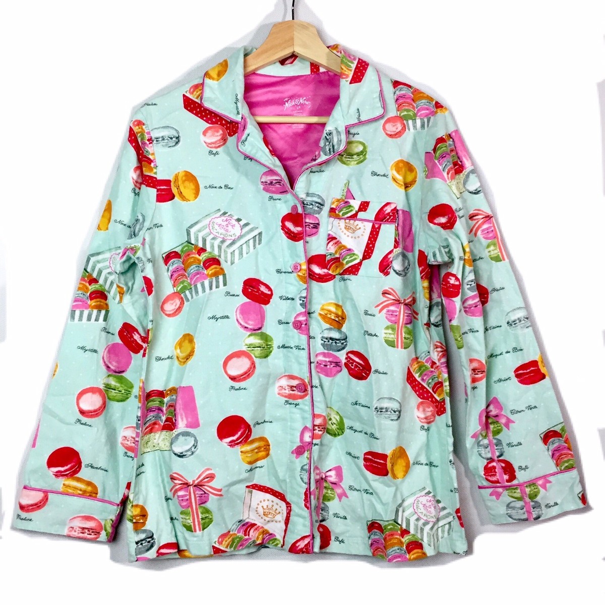 Nick & Nora Pajama Flannel Shirt Macaron Pastry Printed Womens