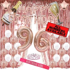 96th Birthday Rose Gold Decorations - 40" Number Balloons, Foil Curtains  More