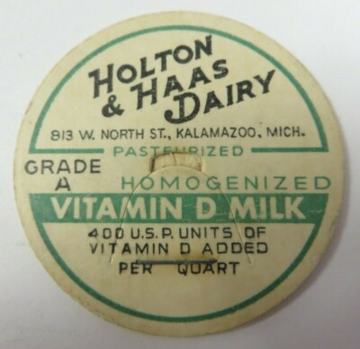 Vintage Milk Bottle Cap 1 5/8'' HOLTON & HAAS DAIRY Vitamin D Kalamazoo, Michigan
