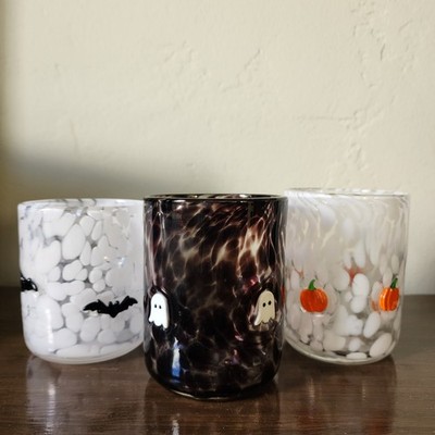 Anthropologie Halloween Icon Mystic Juice Glass Set of 3 Pumpkin Ghost Bat