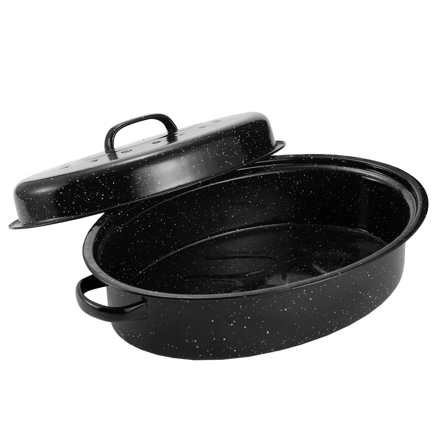 Granite Roasting Pan, Medium 16” Enameled Pan with 16 inch, Black