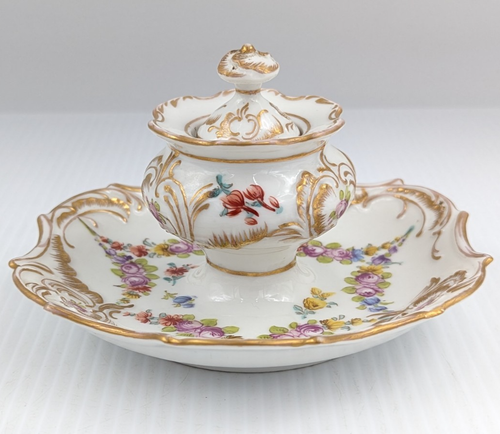 Hand Painted Porcelain Inkwell Floral Gilded With Lid Dresden (?) - Picture 2 of 12