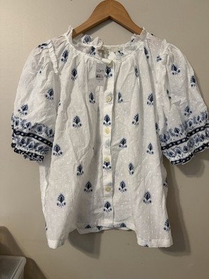 NWT LOFT Border Floral Clip Pleated Puff Sleeve Blouse Size Medium with Buttons