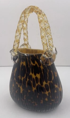 Vintage Murano Style Amber Glass Cheetah Tortoise Shell Purse/Vase with Handle