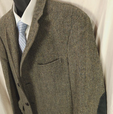 Jos A Bank Harris Tweed Herringbone Blazer Elbow Patch Gray Size 44 Lining Tear