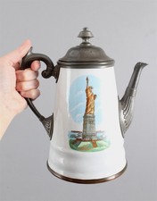 Antique Enamel & Pewter NEW YORK CITY Ellis Island Statue of Liberty Coffee Pot