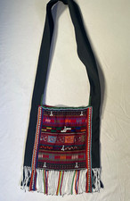 Ethnic Folk Art Boho Crossbody Bag Hand Woven Textile Beads Coiny Accents