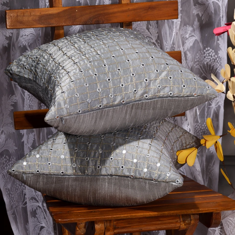 silver pillow covers for sofa designer throw pillow embroidered pillow cover 2pc - Image 2 of 4