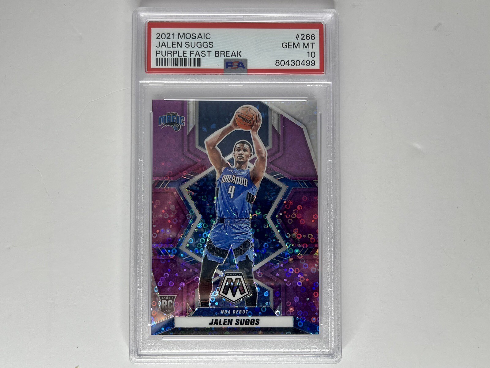 2021-22 Panini Mosaic Purple Fast Break Prizm #266 Jalen Suggs RC 43/50 PSA 10