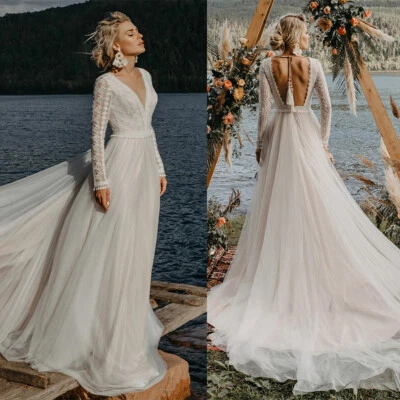 Brautkleid Hochzeitskleid Boho A-Linie V-Ausschnitt Langarm Leckage Zurück - Bild 1 von 4