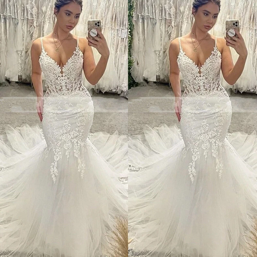 White Princess Wedding Dresses Lace Appliques Long Sleeves V-Neck Bridal  Gown | eBay