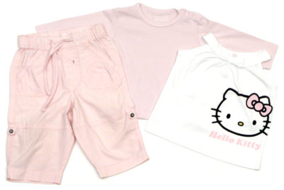 H&M Mädchen Kombi Turn-up Hose, Langarm-Shirt Hello Kitty Top rosa weiß - Gr. 68