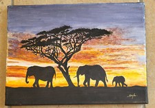Tableau Huile sur Toile Eléphants au coucher de soleil Signée Soph. Peinture
